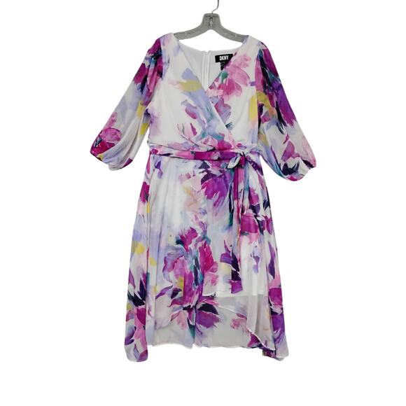 DKNY  Floral Print Balloon Sleeve Tie Waist V Neck Dress Size 12 White & Purple - Picture 6 of 14